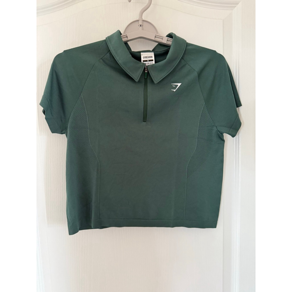 Women's Gymshark Green Retro Seamless Midi Polo M Short Sleeve Tee